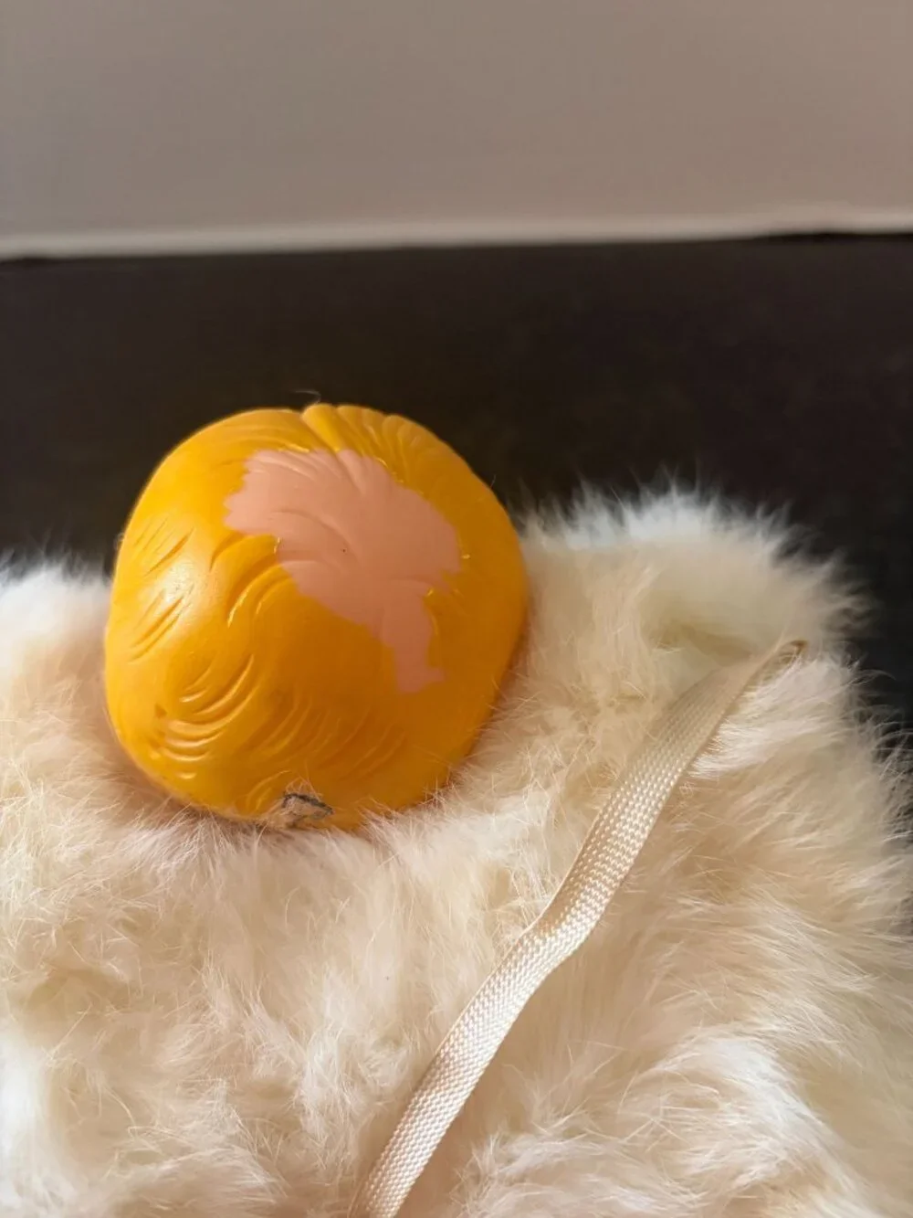 Vintage 1950's Kitschy Molded Rubber Doll Head, Fur Muff